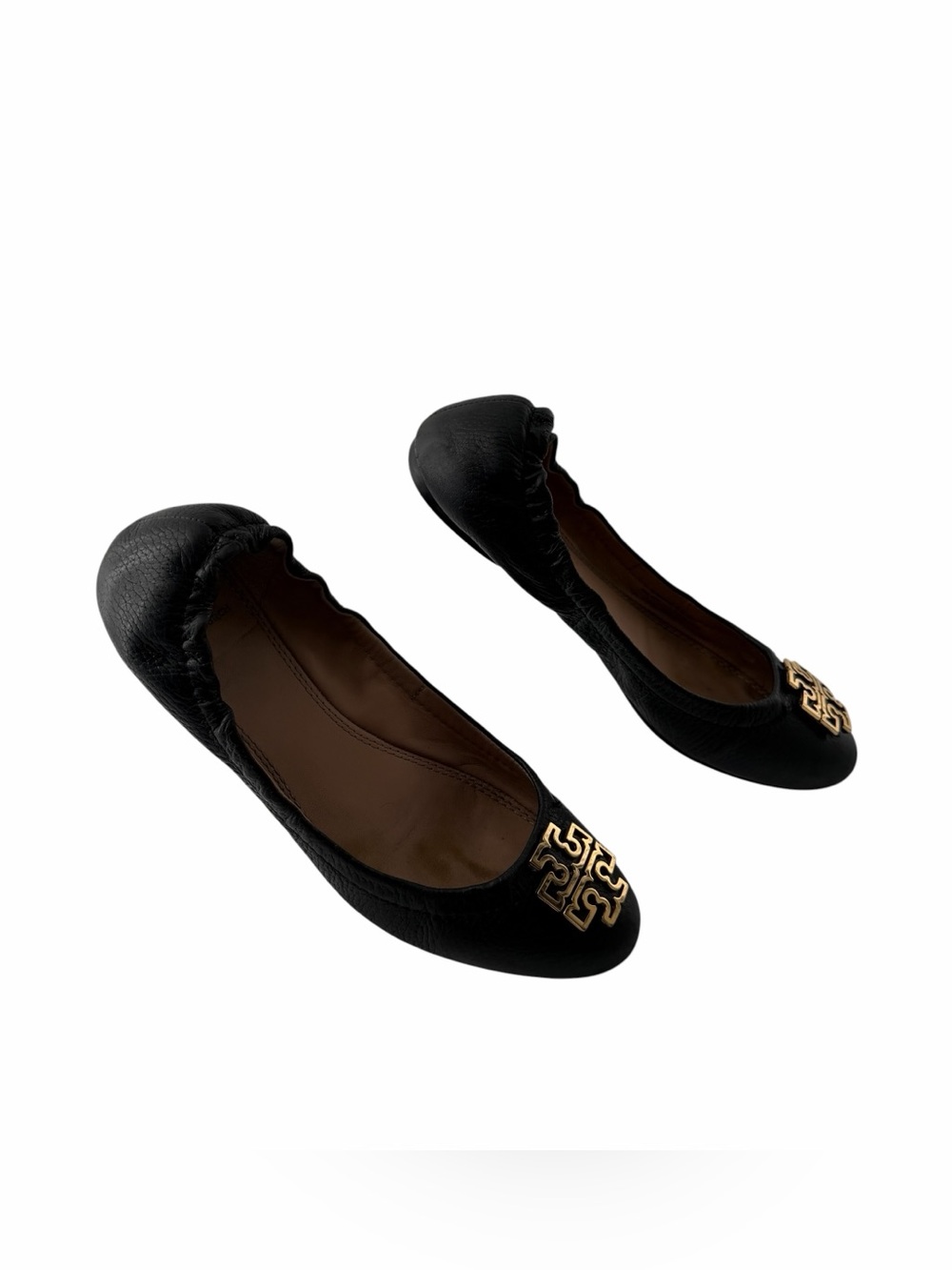 Tory Burch Black Leather Ballet Flats with Gold Logo Medallion Versatile Size 7 - Picture 2 of 10